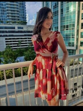 Taylor Pink and Red Watercolor Wrap Dress Sz.XS NWT